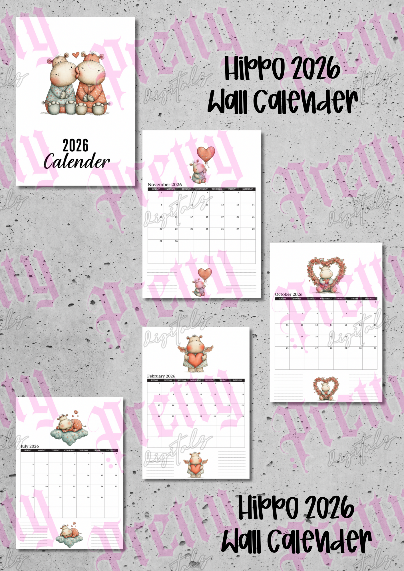 Digital download 2026 hippo illustration calender