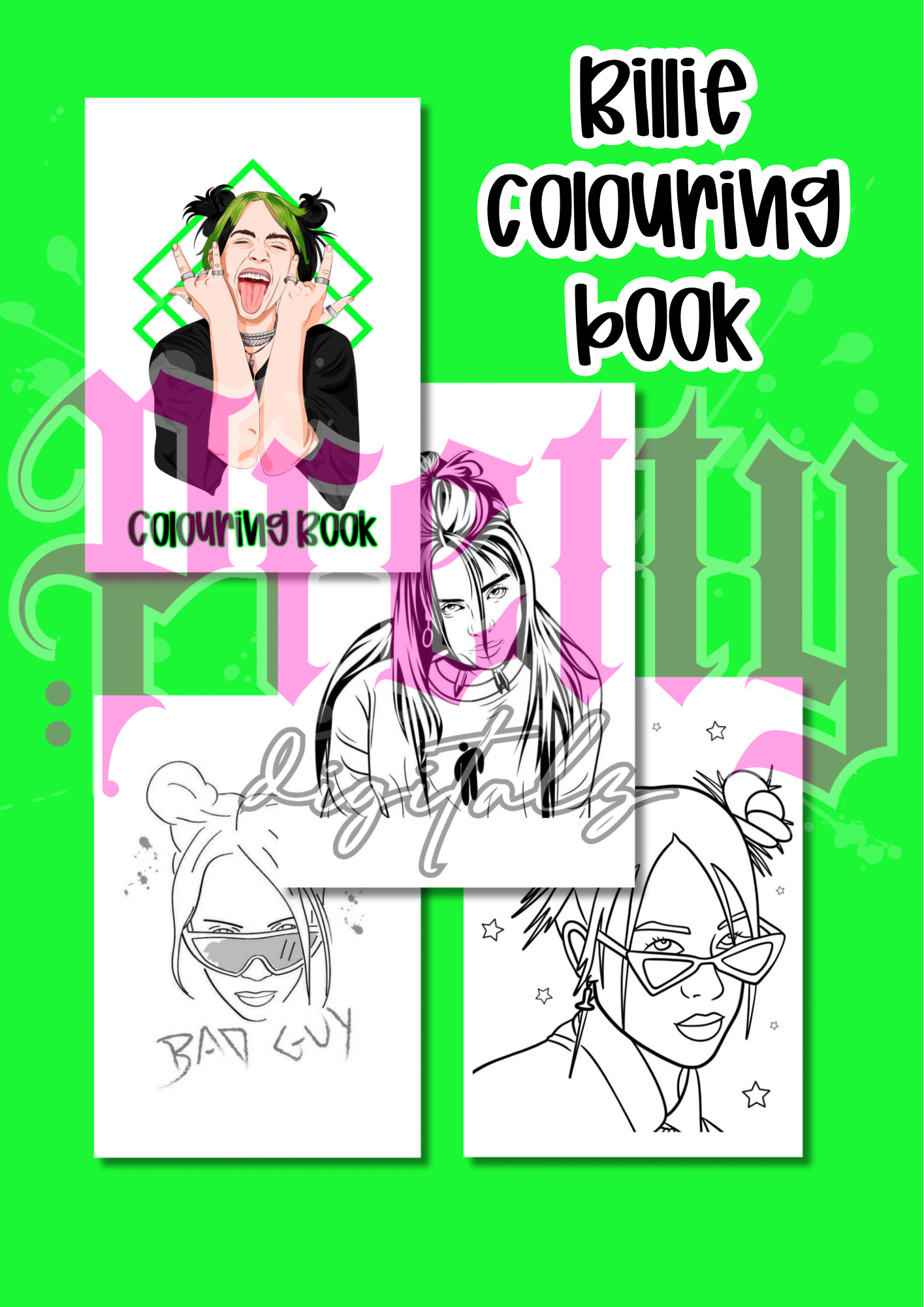 Billie colouring book pdf file 20 pages plus front cover
