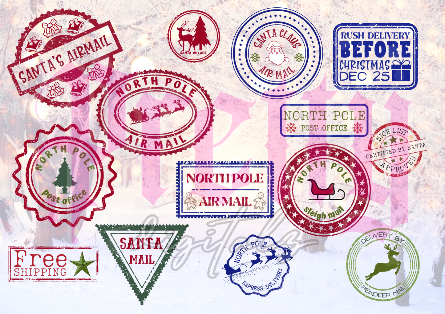 14 Christmas Rubber Stamp PNG Bundle | Vintage Festive Stamp Clipart | Digital Download for Crafts, Stickers, Cards & Sublimation Designs