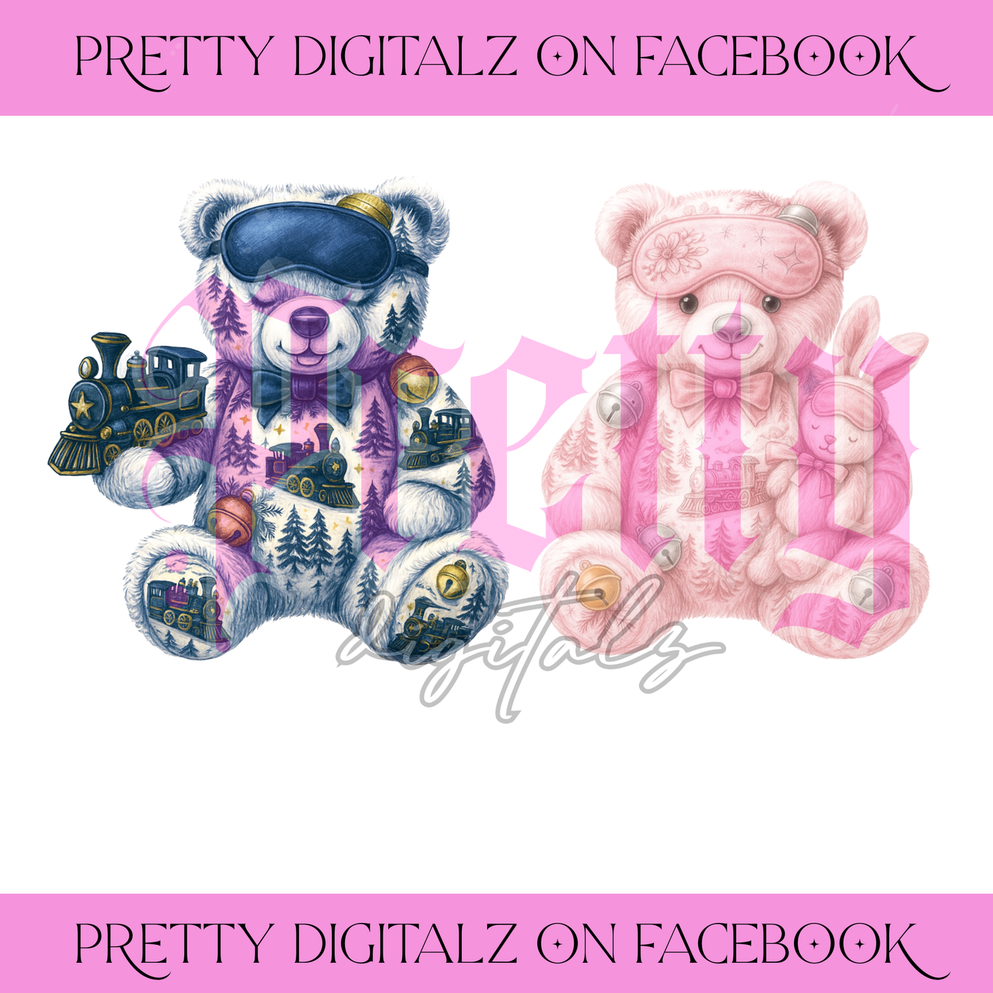 Sleepy Patchwork Teddy Bear PNG Bundle | Pink & Silver + Navy & Gold Christmas Polar Express Bears