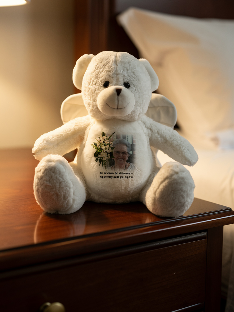 Custom Memorial Teddy Bear with Loved One’s Image – Forever In Your Heart Gift