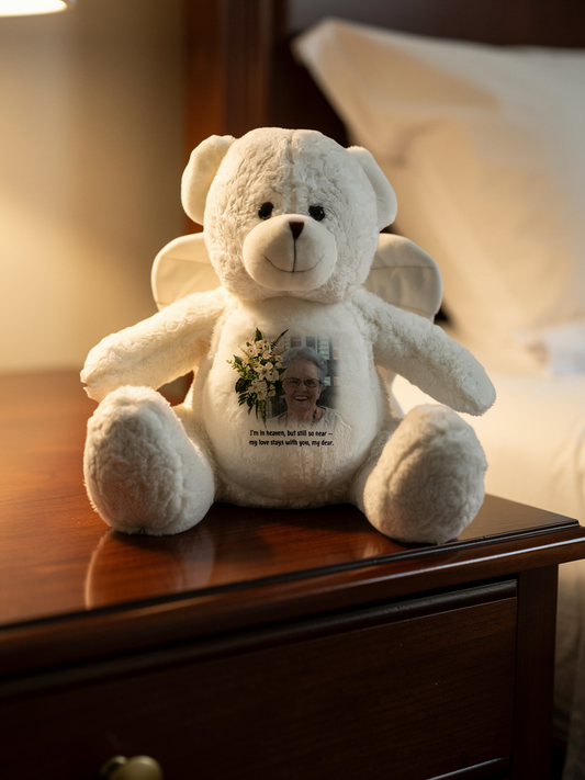 Custom Memorial Teddy Bear with Loved One’s Image – Forever In Your Heart Gift