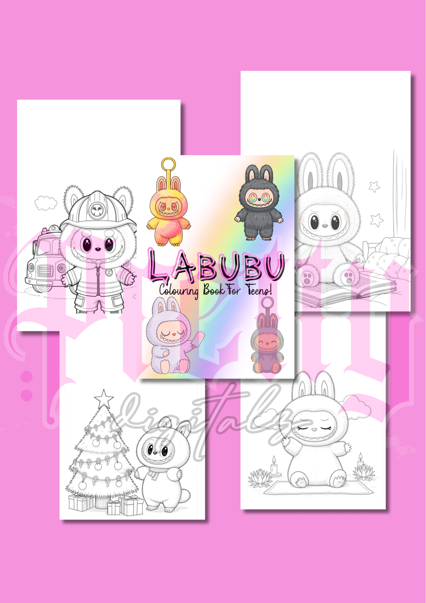 19-Page Labubu-Inspired Colouring Book | Digital Download PNG | Cute Kawaii Monster Printable Pages for Kids & Adults