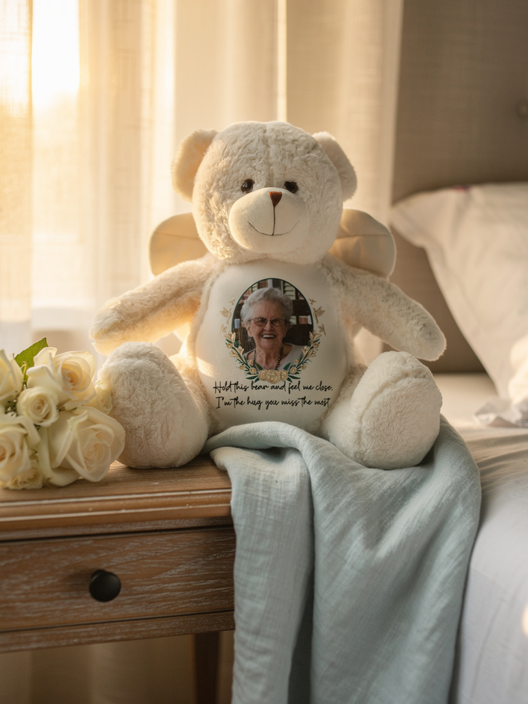 Custom Memorial Teddy Bear with Loved One’s Image – Forever In Your Heart Gift