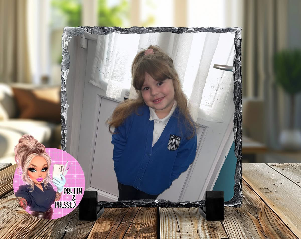 15x15cm Personalised image Slate | Premium Gloss Finish | Includes Display Stand | Gift for Mums, Couples, Family Memories, Pet Photo Slate