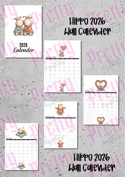 Digital download 2026 hippo illustration calender