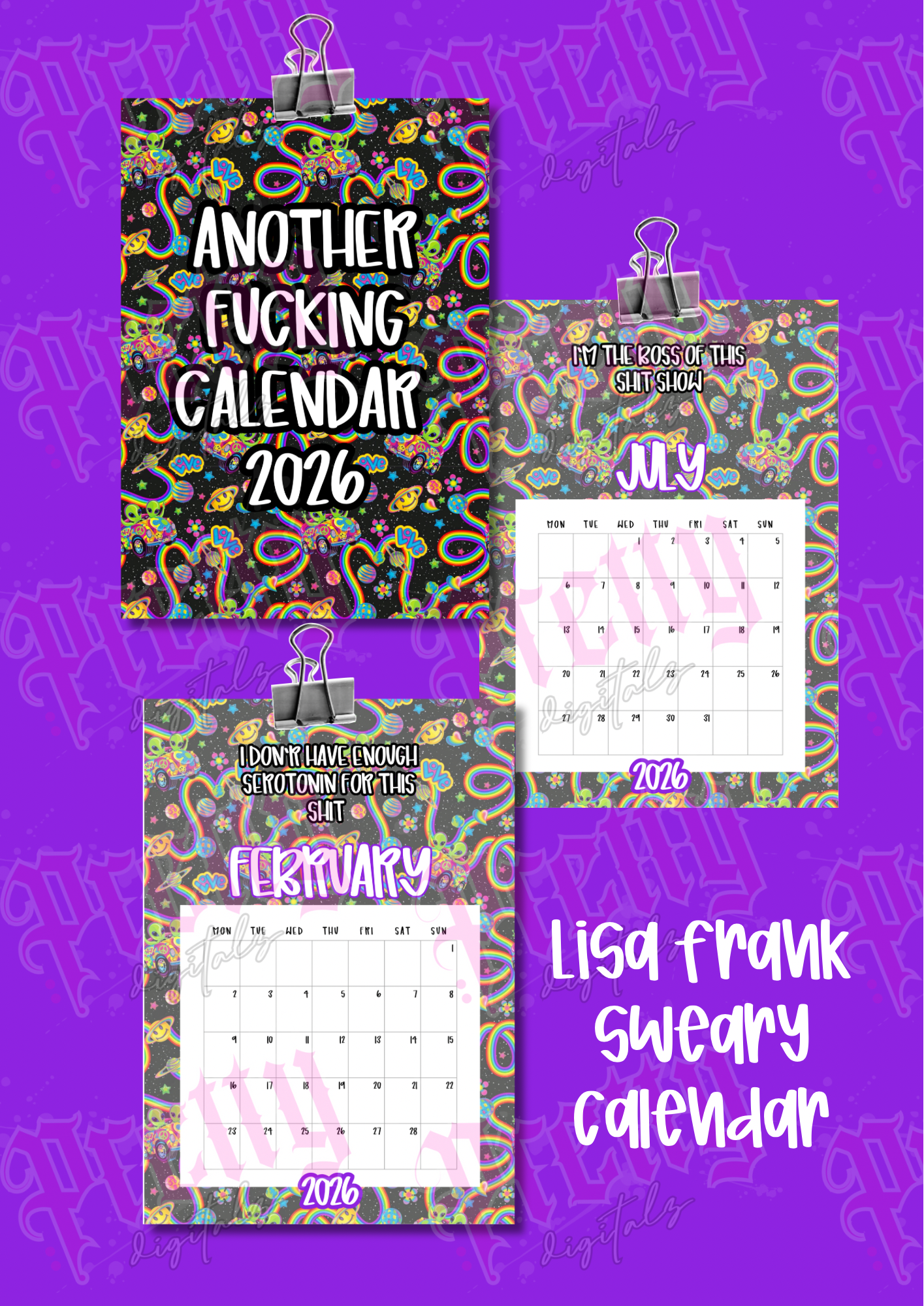 Lisa frank inspired sweary Calender pdf file digital download