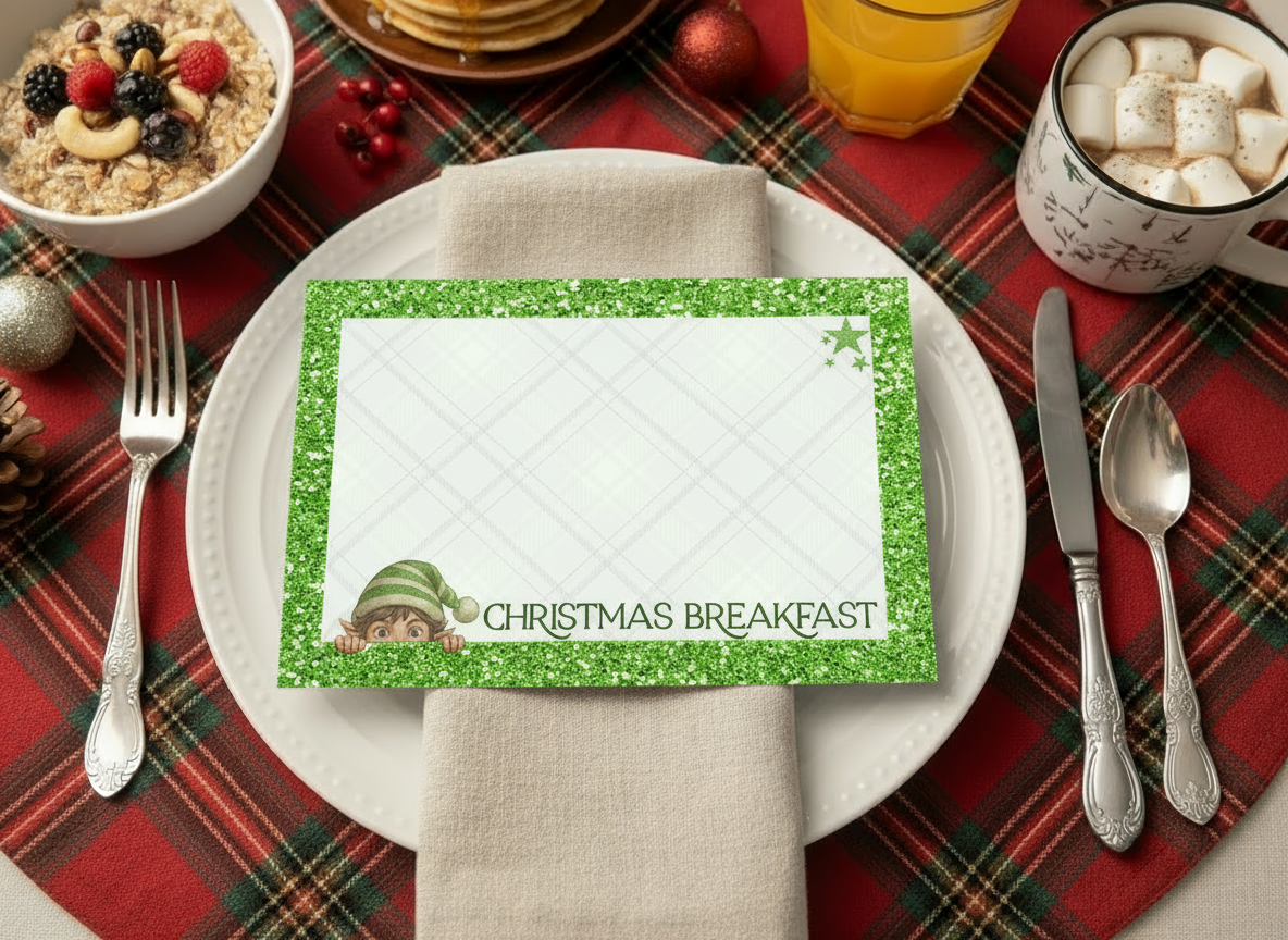 Elf Christmas Breakfast Personalised Placemats – 3 Glitter Designs