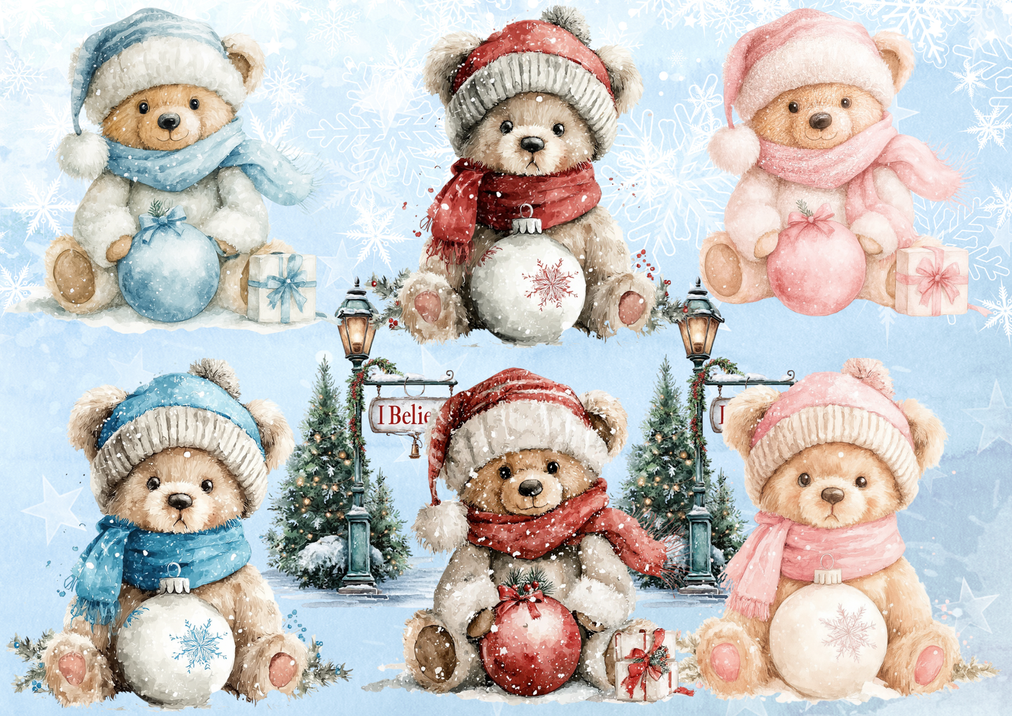 Watercolour Christmas Teddy Bear PNG Clipart | Pink, Red & Icy Blue Winter Bears