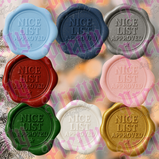 8 Wax Seal Effect “Nice List Approved” Digital Stickers – Christmas Wax Seal PNG Bundle for Cricut & Design Projects