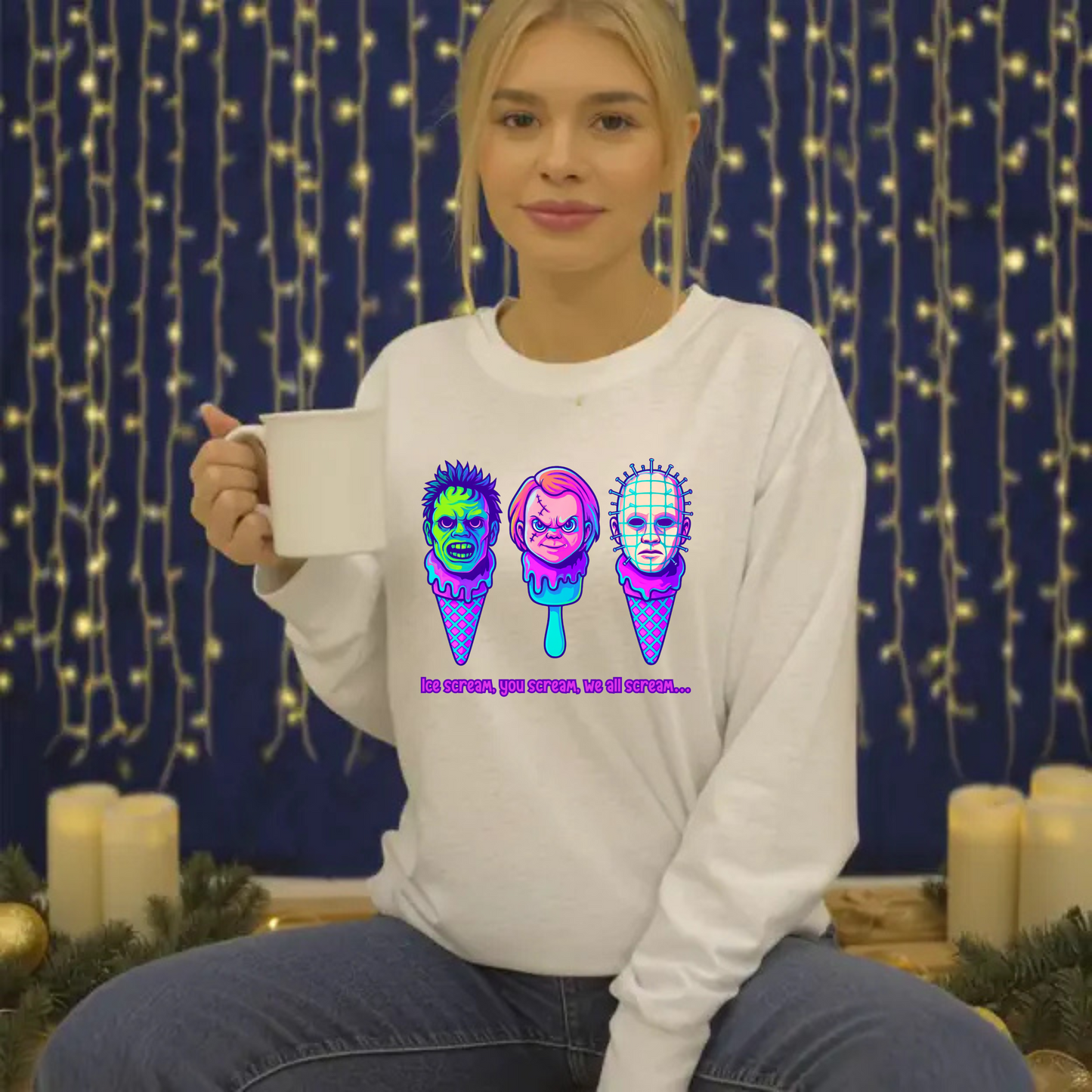 Horror Ice Cream Cone Clipart Bundle | Creepy Cute Neon Pastel Digital Download | Halloween Horror Movie Characters PNG Set plus Mock Ups