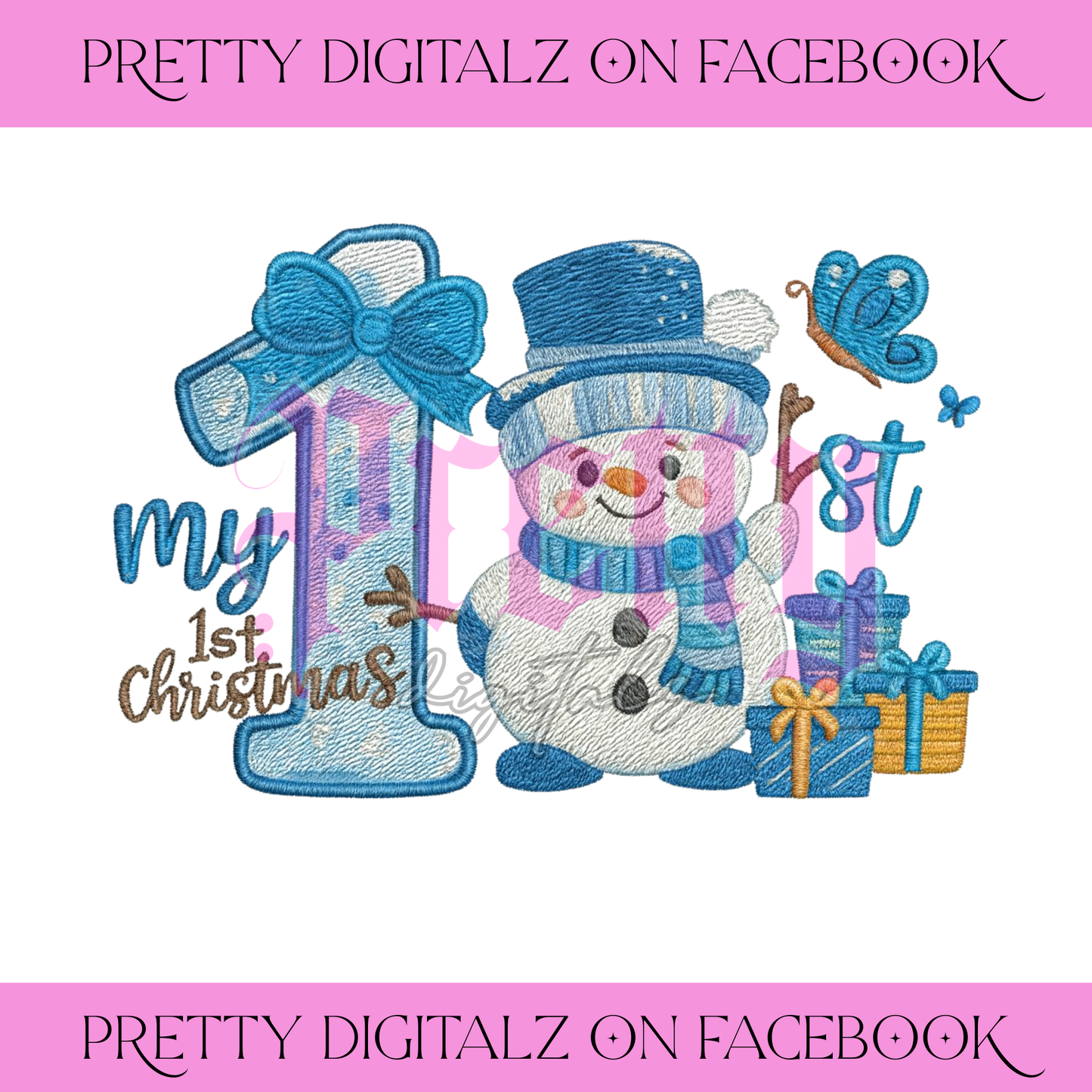 My First Christmas Faux Embroidery Snowman PNG Bundle – Blue & Pink Set of 2 | Festive Baby’s 1st Christmas Digital Download